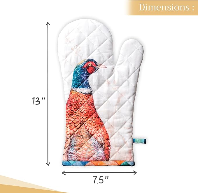 Maison d' Hermine Oven Gloves 100% Cotton Oven Mitt 7" x 13" with Loop Heat Resistant BBQ Cooking Gloves for Thanksgiving Christmas Decorations Baking Handling Hot Pans (Pack of 1, Faisan D'Automne)