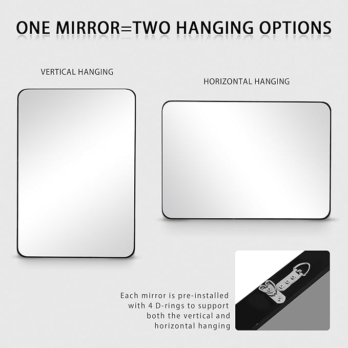 24x36 Inch Black Bathroom Wall Mirror, Modern Rectangle Mirrors with Tempered Glass for Bedroom Living Room or Entryway Horizontal/Vertical Hanging