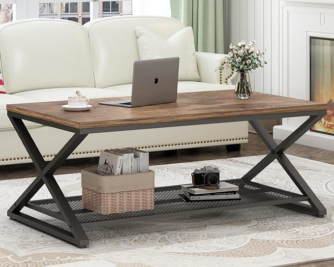 LVB Rustic Coffee Table, Industrial Metal Wood 2 Tier Cocktail Tea Table with Storage for Living Room, Farmhouse Wooden Rectangle Center Table with Mesh Shelf for Office Bedroom, 39 inch, Rustic Brown