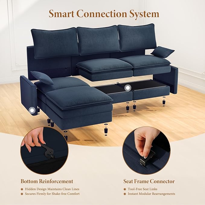 Vesgantti 142" U Shaped Sectional Couch, Comfy Cloud Modular Sectional Sofa with 2 Ottoman Deep Seat Chenille Modern Cloud Sofa, Modular Sofas for Living Room, Bedroom and Apartment, Blue