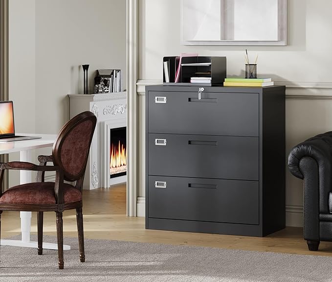 Lateral Filing Cabinet,3 Drawer File Cabinet with Lock,Office Lateral File Cabinets for Legal/Letter A4 Size,Require Assembly, Black