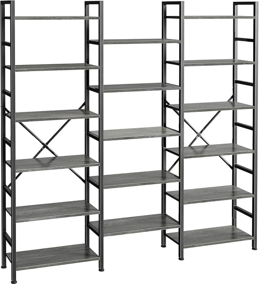 SUPERJARE Triple 6 Tier Bookshelf, Bookcase with 17 Open Display Shelves, Wide Book Shelf Book Case for Home & Office, Grey