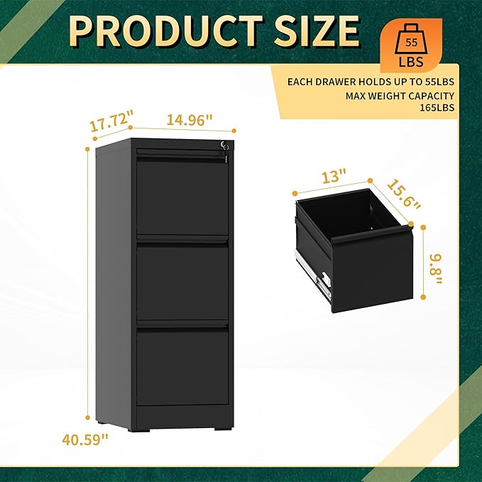 3 Drawer File Cabinet with Lock, Steel Vertical Filing Storage Cabinet for Home Office, Heavy-Duty File Cabinets for Letters/Legal/A4 (Require Assembly, Black)