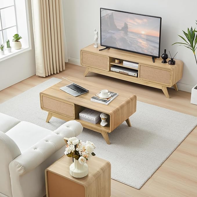 AVZEAR Boho Modern Coffee Table with Storage for Living Room, Wood Coffee Table with Nature Linen Doors, Curved Edge Center Table Farmhouse Coffee Tables for Living Room, Natural Color