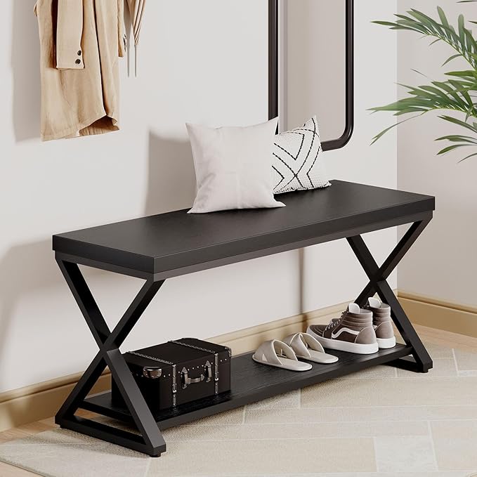 IBF Black Bench for Entryway, Black Modern Wood Bench for Bedroom Hallway Foyer, Farmhouse Entry Way Home Organizer Shoe Bench Seat with Storage Rack Indoor Under Window, 39 Inch Long