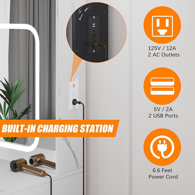 Vanity Desk With Mirror and LED Lights, Makeup Vanity Desk With Sliding Mirror, Power Outlet, 3 Color Adjustable Light, Dressing Table With 4 Drawers, Storage Shelves & Stool for Bedroom, Marble-White