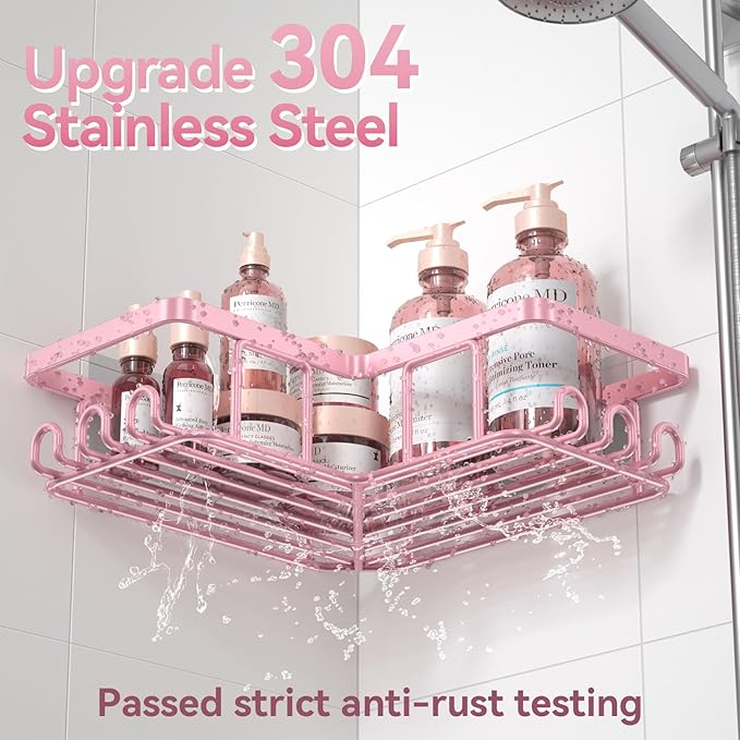 YASONIC Corner Adhesive Shower Caddy, with Soap Holder and 12 Hooks, Rustproof Stainless Steel Bathroom Organizer, No Drilling Wall Mounted Rack, Pink, 3-Pack