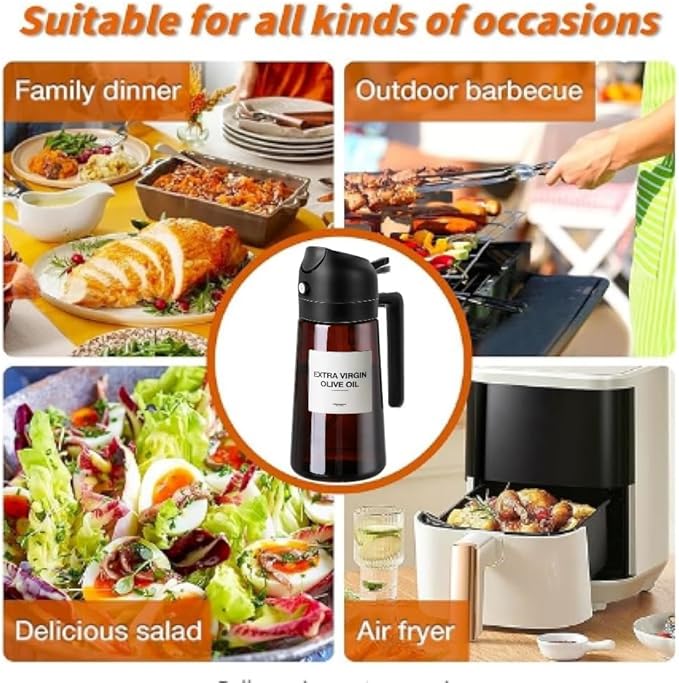 2 In1 Olive Oil Edible oil Dispenser for Kitchen, 16oz Oil Sprayer Bottle for Cooking, Glass Oil BottleSpray and Pour，Food-Grade Mister for Air Fryer, Salad,Baking，BBQ, Upgraded Light Blockin