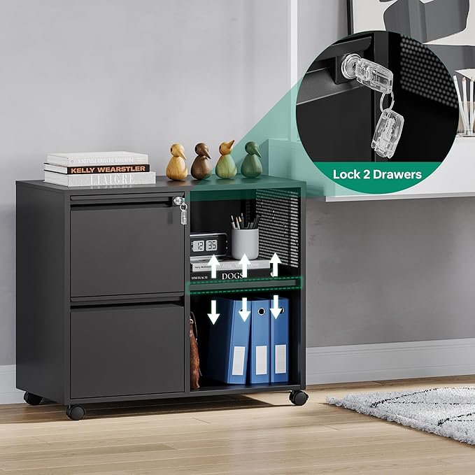 Letaya Mobile File Cabinet, Metal Lateral Rolling Printer Stand Filing Cabinets with Shelves for Home Office-Storage A4/F4/Letter (Black)