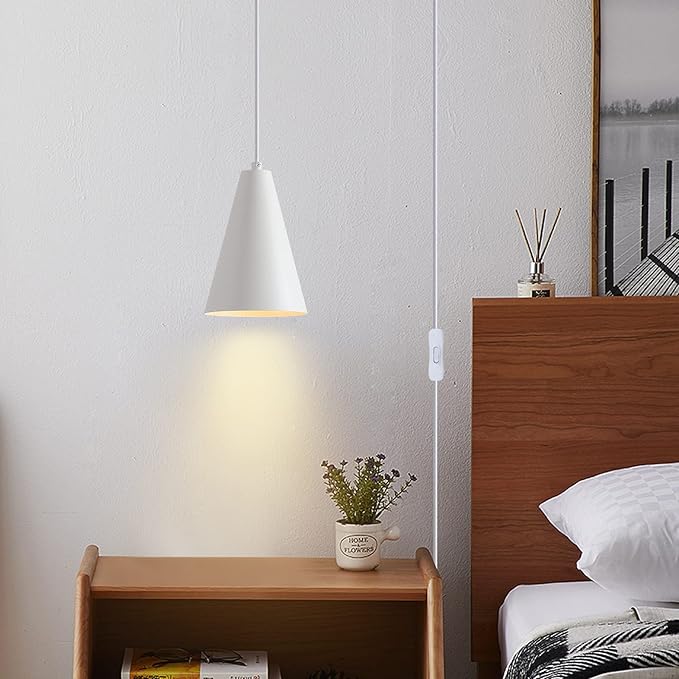 White Plug In Pendant Lights Kitchen Island,Dining Room Light Fixtures Over Table 1 Pack with Cone Metal Shade, Modern Farmhouse Mini Chandeliers with Cord On/Off Switch Hanging Lighting for Sink