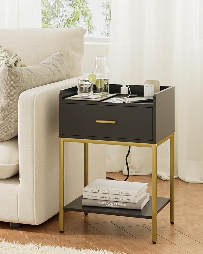 Masupu Nightstand with Charging Station,3-Tier Modern Bedside Night Stand with Storage Drawer and Shelf,Small End Side Table for Bedroom,Living Room,Gold and Black