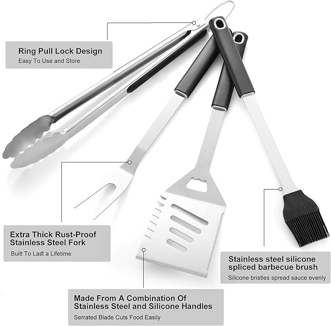 Griddle Accessories Kit - Grilling Accessories, Stainless Steel Heavy Duty Grill Tools Set with Spatula, Fork, Tongs, Brush and Gift-Box for Outdoor Barbecue, Home Grill (4PCS)