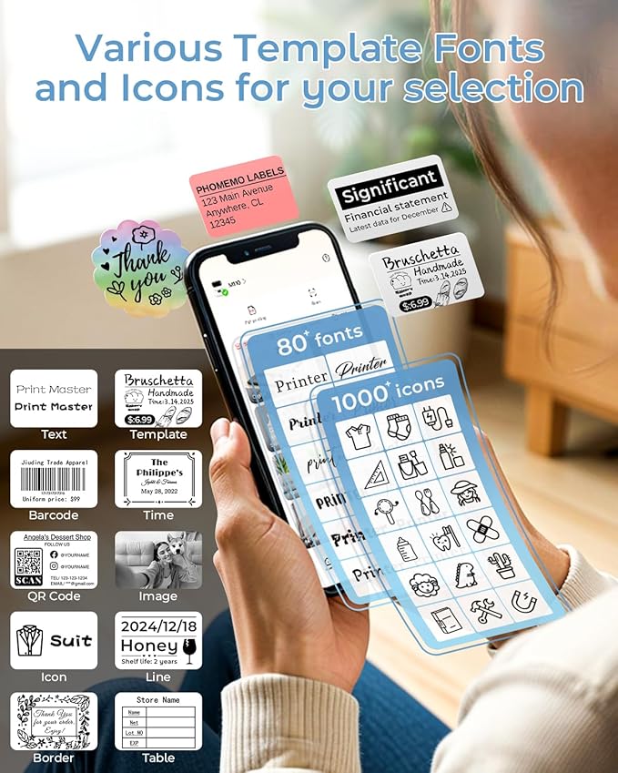 Phomemo Barcode Label Printer - M110 Label Maker Portable Bluetooth Label Maker Machine for Small Business, Barcode, Address, Logo, Clothing, Jerwery, Thermal Printer Compatible with Phones & PC, Blue