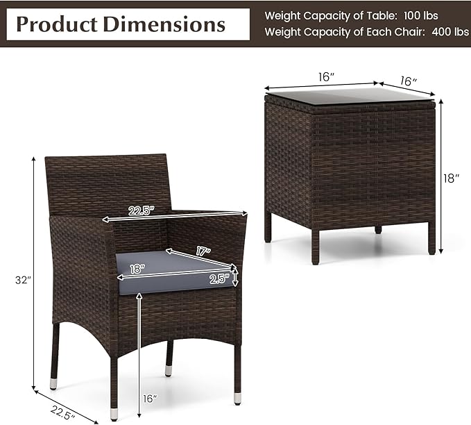 Tangkula 3 Pieces Patio Rattan Furniture Set, Outdoor Conversation Set with PE Wicker Armchairs, Tempered Glass Top Coffee Table, Soft Removable Cushions, for Porch Garden Yard Balcony (Grey)