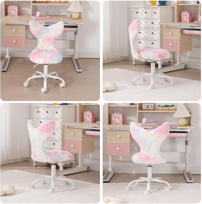 Fuzzy Desk Chair, Cute Swivel Children Desk Chair with Wheels for Kids Bedroom Upholstered Rolling Study Chair Adjustable Computer Chair Mermaid Back Vanity Chair for Teen Girls Boys, Star Colorful