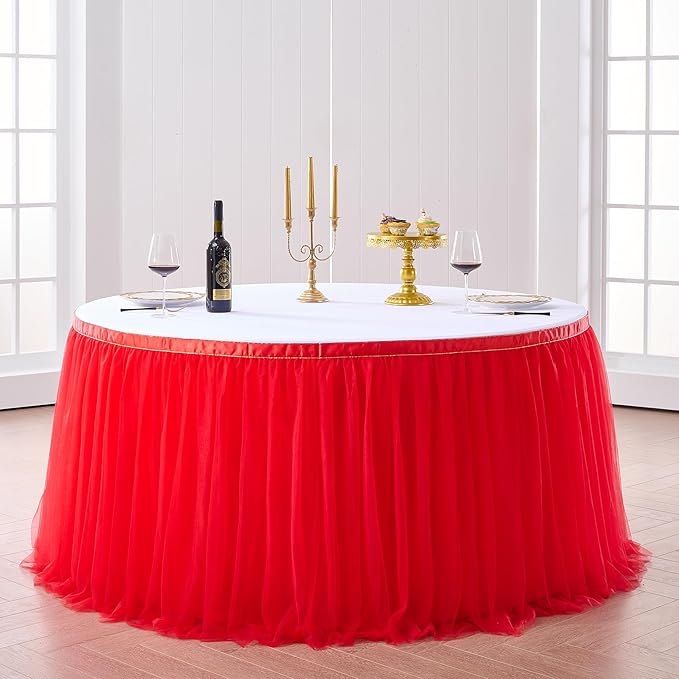 Suppromo 14ft Red Tulle Tutu Table Skirt Ruffle Table Skirting for Graduation Baby Shower Birthday Party Wedding Christmas Decorations(Red,L14(ft)*H 30in)