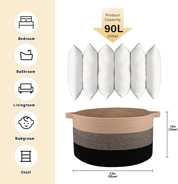 OIAHOMY Extra Large Storage Basket, 23" x 13" Woven Blanket Storage for Living Room, Round Laundry Basket for Pillow-Yellow and Black