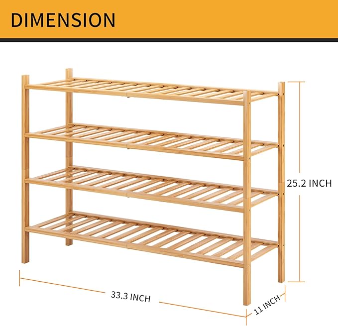 Long Shoe Rack, 4-Tier Bamboo Stackable Shoe Shelf Storage Organizer, Shoe Stand for Closet, Entryway and Hallway