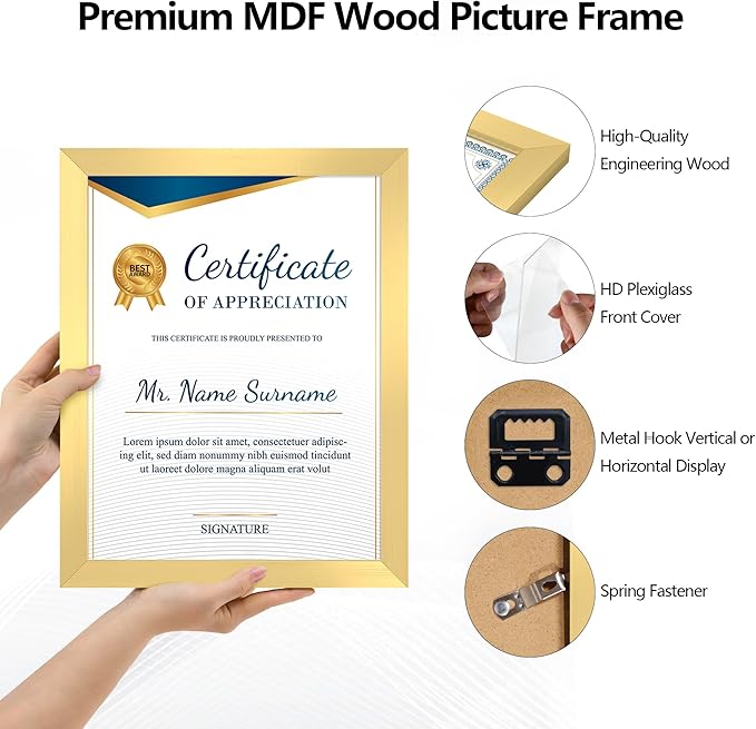 8.5x11 Picture Frame set of 6, Multi Certificate 8.5 by 11 Picture Frames Bulk, Document Diploma Award Frame, Wall Hanging or Tabletop Display, Gold