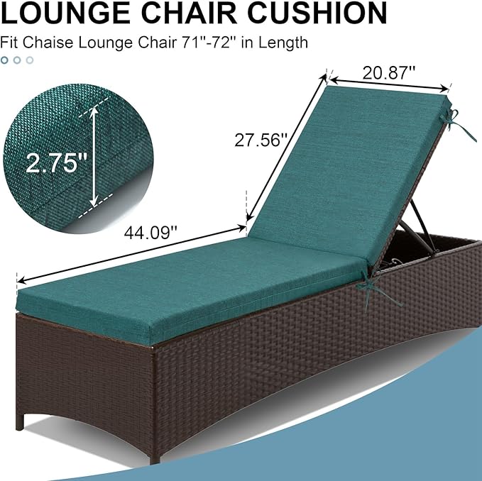 Crestlive Products Chaise Lounge Cushions Outdoor Set of 2, Lounge Chair Cushions for Patio Furniture, Waterproof Lounger Cushions for Pool, Deck, Lawn, 72''L x 21''W x 3''T, Malachite