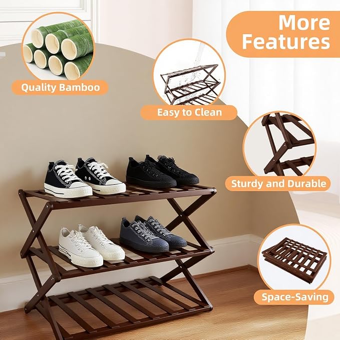 3-Tier Bamboo Shoe Rack, Foldable Shoe Storage Organizer for Closet, Bedroom, Entryway & Living Room - Portable No-Assembly Design, Space-Saving for Shoes & Accessories(3 Tier) (Dark Brown)