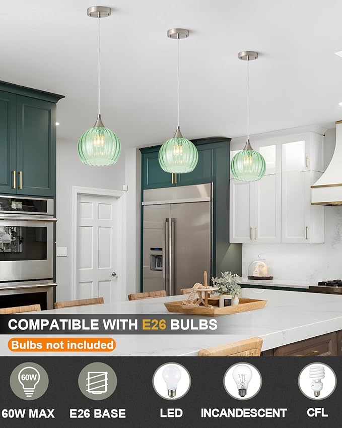 Brushed Nickel Pendant Lights Kitchen Island, Globe Pendant Light Fixtures with 8 Inch Clear Glass Shade, Modern Hanging Light Fixtures for Kitchen, Bedroom (2 Pack - Green Glass Pendant Light)