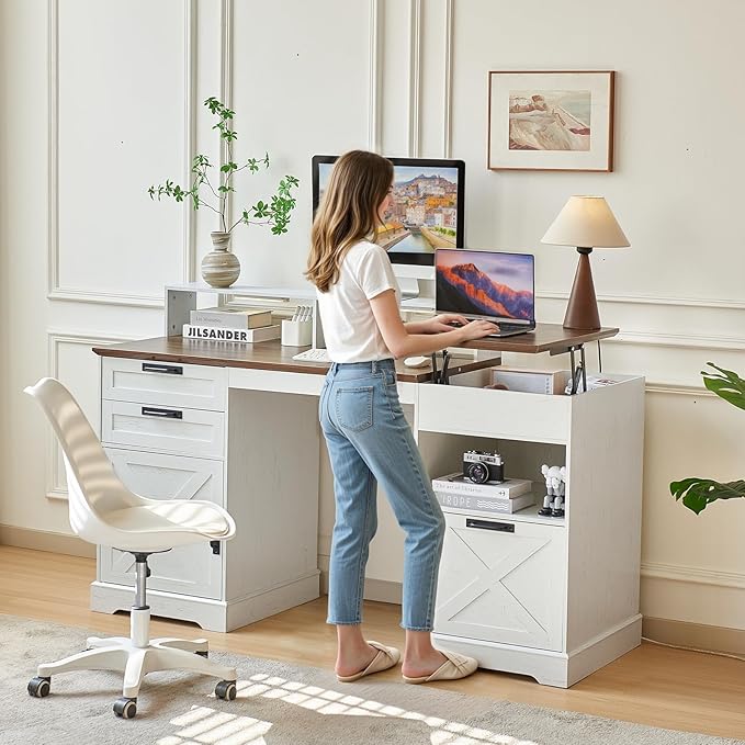 63" Executive Desk, Home Office Desk with Lift Top, Farmhouse Gaming Desk with File Drawer, Charging Station, Sensor Lights Wood Computer Table with Monitor Stand (White)