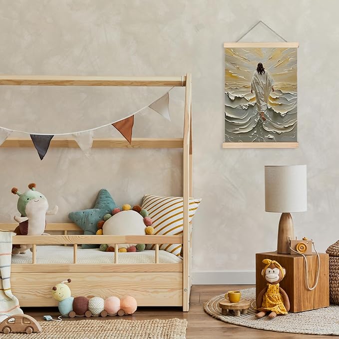 YTRG Jesus Wall Art, Bible Verse Wall Decor, Jesus Walking on Water Canvas Prints Framed Decor for Home Living Room Bedroom, 12x16 In