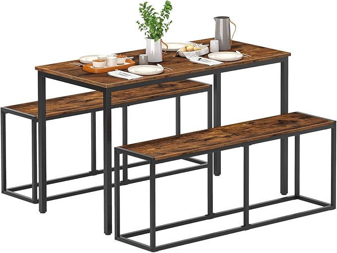 HOOBRO Dining Bench, 47.2 Inch Dining Table Bench, Industrial Style Kitchen Bench, Steel Frame, Easy to Assemble, for Kitchen, Dining Room, Rustic Brown and Black BF12CD01