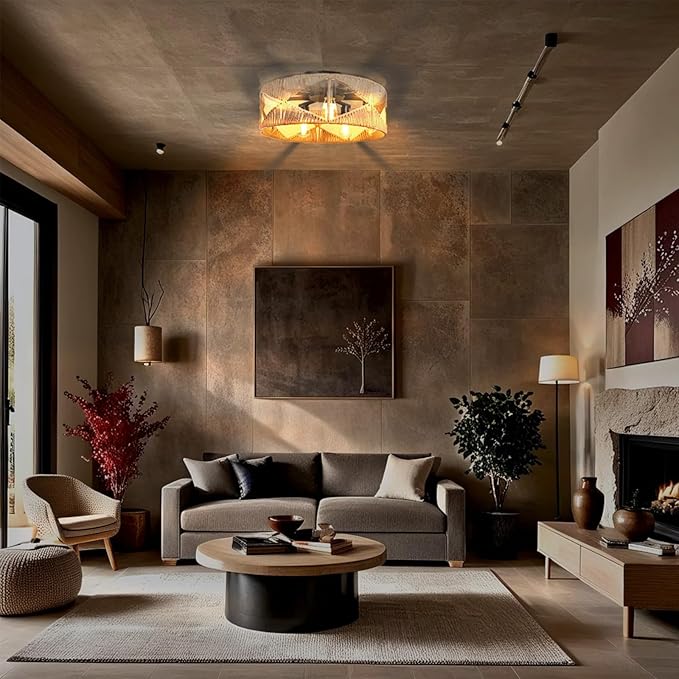 20 inch Boho Flush Mount Ceiling Light Fixture with 5-Light, Hand-Woven Rattan Chandelier with Integrated Metal Frame, Ceiling Light Hanging for Dining Room, Bedroom, Entryway, Living Room, Farmhouse