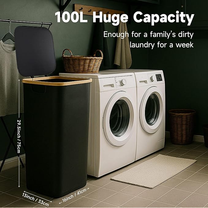 26 Gall/100L Foldable Laundry Hamper with Lid & Collapsible Basket - Clothes Hampers for Laundry with Bamboo Handles and A Removable Bag, Portable Clothes Organizer for Home, Dorm, Travel, Black