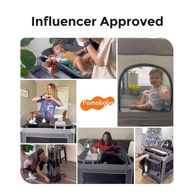 Pamo Babe 1-Second Setup 3-in-1 Playard for Babies - Heavy-Duty Steel Frame for Safe Sleep Space, Portable Crib with Zip Door & Changing Table, Locking Wheels, Breathable Mesh