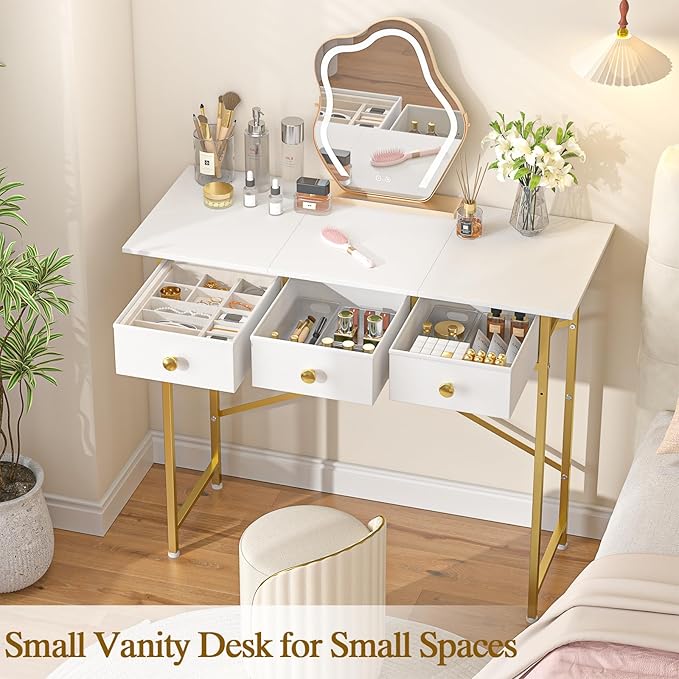 Small Makeup Vanity Desk No Mirror, 37.2 Inch Vanity Desk with 3 Drawers, Girls Vanity Dressing Table for Bedroom, Small Vanity for Small Spaces, White and Gold