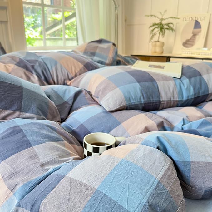 FACE TWO FACE Bedding Duvet Cover Set100% Washed Cotton Duvet Cover Linen Like Textured Breathable Durable Soft Comfy (California King, Cardamom Blue Grid)
