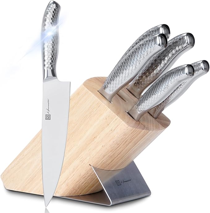 Kitchen Knife Set, One-piece Stainless Steel Knife Sets for Kitchen with Block, 6 Pieces Solid Natural Wood Knife Block Set, Box Packed, Silver.