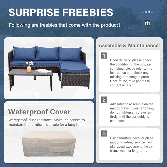 Valita Outdoor Furniture Set 3 Piece Patio Set Patio Conversation Sets Outdoor Sectional Sofa Patio Loveseat Coffee Table with Non-Slip Cushions, Navy Blue