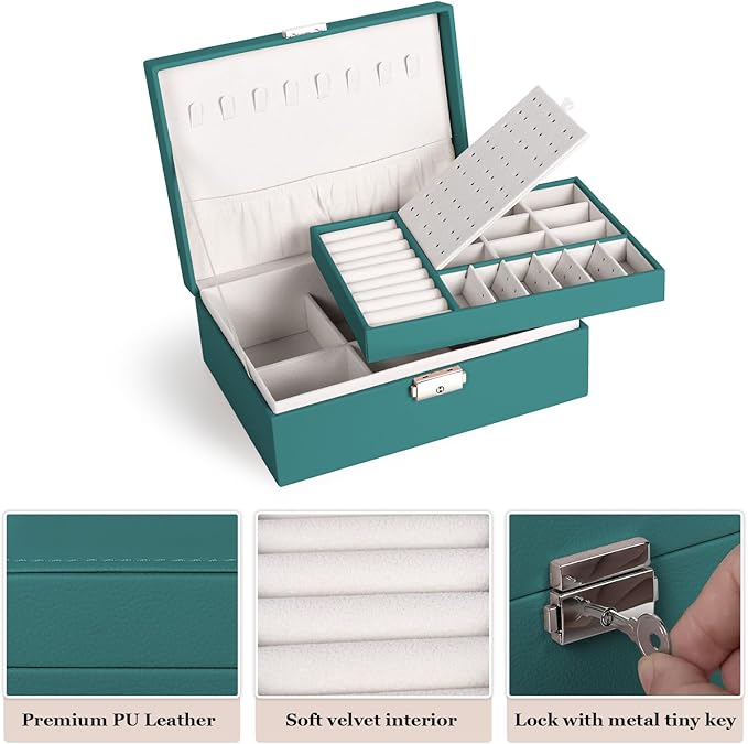 Jewelry Box for Women Girls, 2 Layers Jewelry Organizer Container with Lock, PU Leather Storage Case with Removable Tray, Jewelry Display Box for Necklaces Earrings Bracelets Rings Watches (Green)