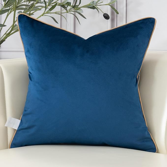 Aeckself European Floral Pillow Cover 24x24 Inch, Large Luxury Velvet Embroidered Decorative Throw Pillow Cover for Couch Bedroom Living Room, Navy Blue and Gold, Yw-OBYG-Blue6060