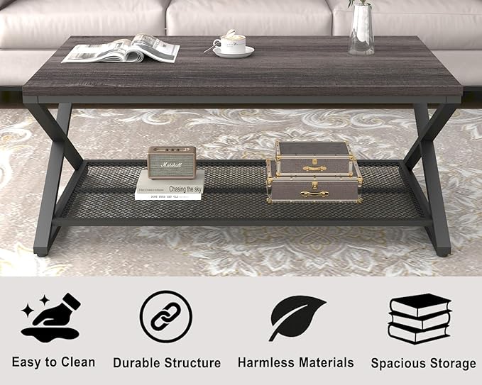 LVB Industrial Grey Coffee Table, 2 Tier Wood Metal Living Room Table, Wooden Rectangle Center Table with Storage, Farmhouse Low Cocktail Tea Table for Home Office Bedroom, Dark Gray Oak, 39 Inch