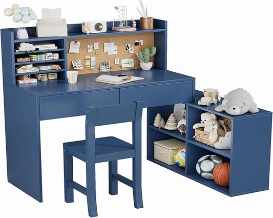 Blue Wooden Kids Desk and Chair Set,RUPOLX Kids Study Table and Chair Set with 2 Drawers & 4 Cabinets, Kids Study Desk with Removable Large Storage Cabinet,Girls Study Desks for Kid for Bedroom-NTU9XC