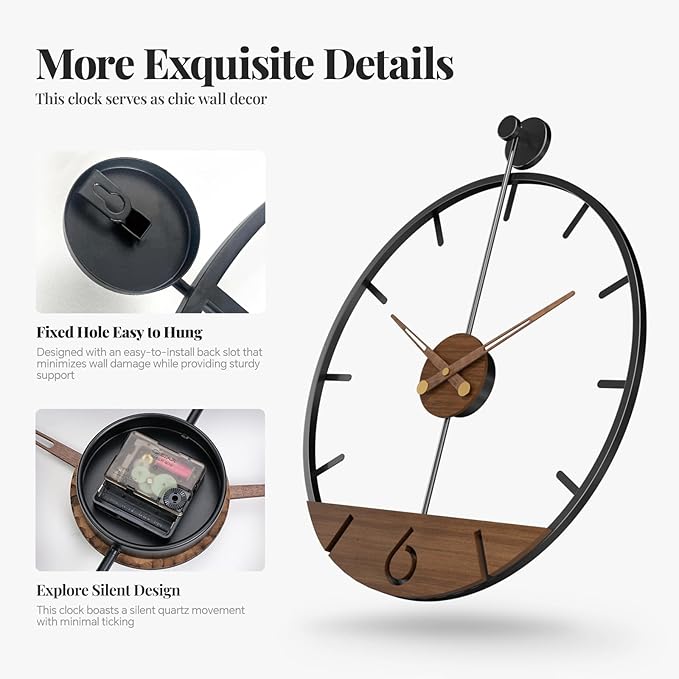 Modern 24 Inch Wall Clock, Minimalist Wood and Metal Wall Decor Clock with Walnut Dial, Silent Non Ticking Battery Operated Clock for Living Room, Kitchen, Office, Bedroom