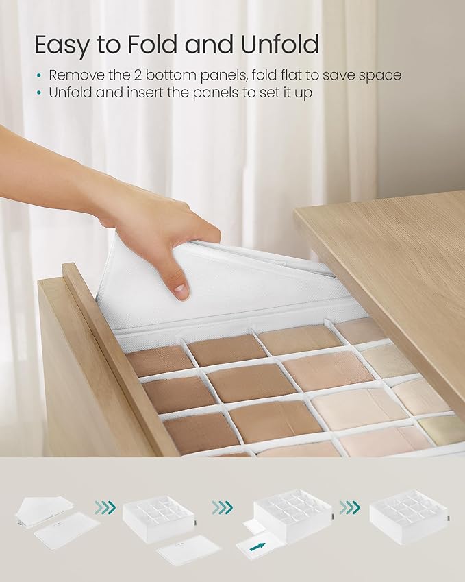 SONGMICS Set of 4 Underwear Organizers, Drawer Organizers, Dresser Closet Storage, 80 Cells (2x16+2x24), Foldable Dividers, 11.8 x 11.8 x 3.9 Inches, for Socks, Ties, Belts, Cloud White URUS011W01