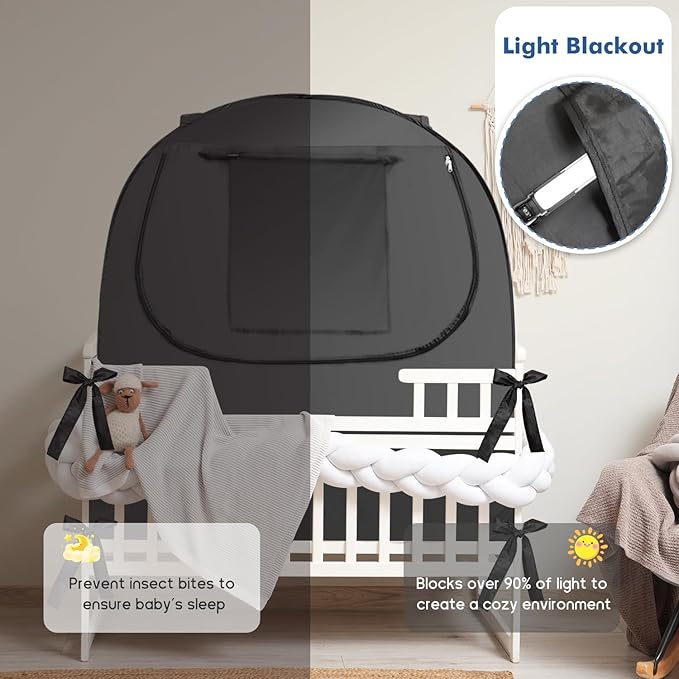 Crib Blackout Cover, Blackout Crib Cover for Babies, Portable Sleep Pod for Kids with Effortlessly Installation, Block 90% + Light