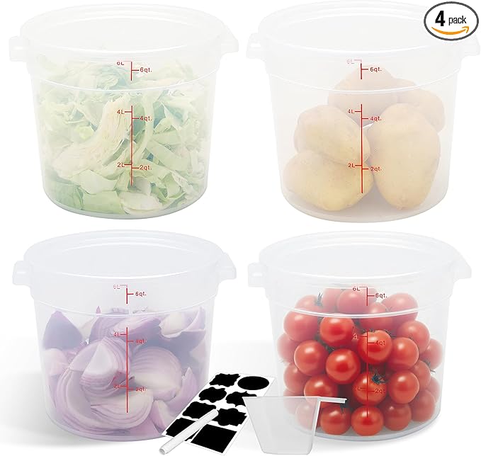 4 Pack 6QT Round Food Storage Containers with Lids, BPA-Free Polypropylene NSF Commercial Food Container, with Labels & Measuring Cup