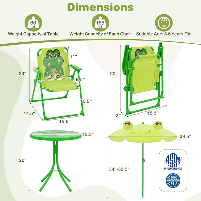 Costzon Kids Picnic Table, Kids Outdoor Table with 2 Folding Chairs, Height Adjustable Umbrella, Portable Children Outdoor Furniture for Patio, Garden, Backyard (Light Green)