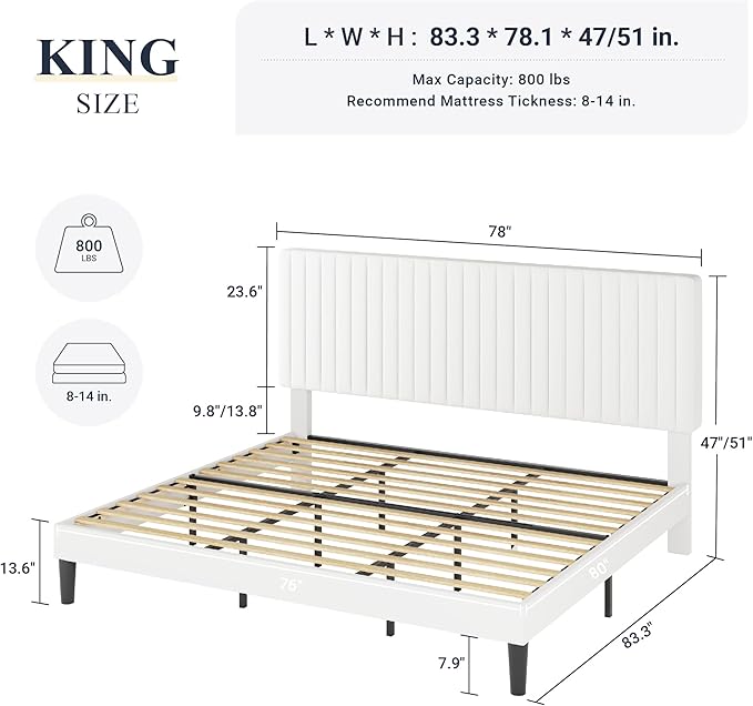 Allewie King Bed Frame, Velvet Upholstered Platform Bed with Adjustable Vertical Channel Tufted Headboard, Mattress Foundation with Strong Wooden Slats, Box Spring Optional, Easy Assembly, Off-White