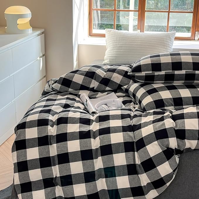 FACE TWO FACE Bedding Duvet Cover Set100% Washed Cotton Duvet Cover Linen Like Textured Breathable Durable Soft Comfy (California King, Black and White Grid)