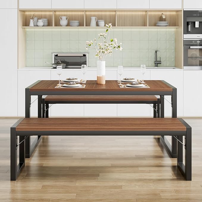 SHA CERLIN Kitchen Dining Table Set for 4 with Benches, Rustic Small Space Saving Dinette, Heavy Duty Metal Frame