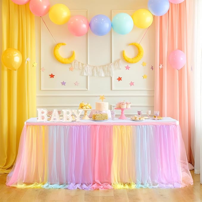 Suppromo Rainbow Table Skirt for Birthday Party 6ft Unicorn Tulle Tutu Table Skirt for Baby Shower Girl Boy Gender Reveal Rainbow Tablecloth Desk Skirt for Unicorn Party Decorations(L6(ft) H 30in)