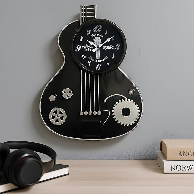 Metal Guitar Wall Clock Musical Decor for Music Lovers,H16 inches Guitar Players, Music Teachers, Studio, Bedroom, Office Silent Non-Ticking Clock – Black Industrial Steampunk Style Gift for Men